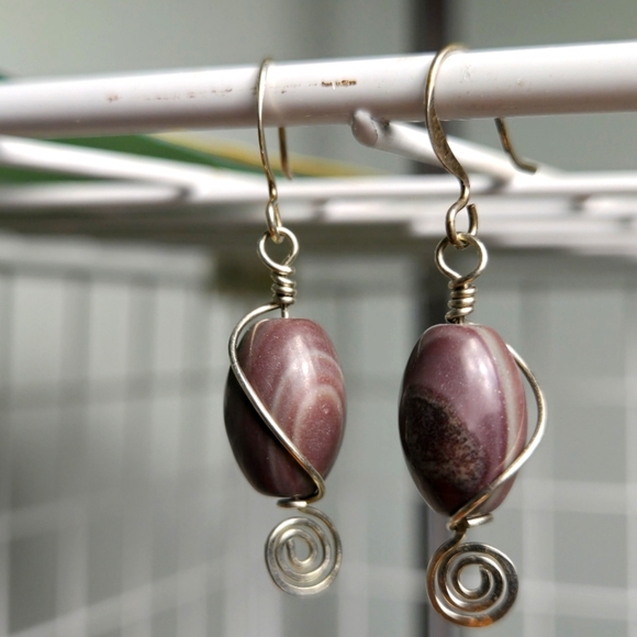 Vintage Silver Tone Purple Nature Gemstone Handmade Swirl Earrings - Picture 7 of 11